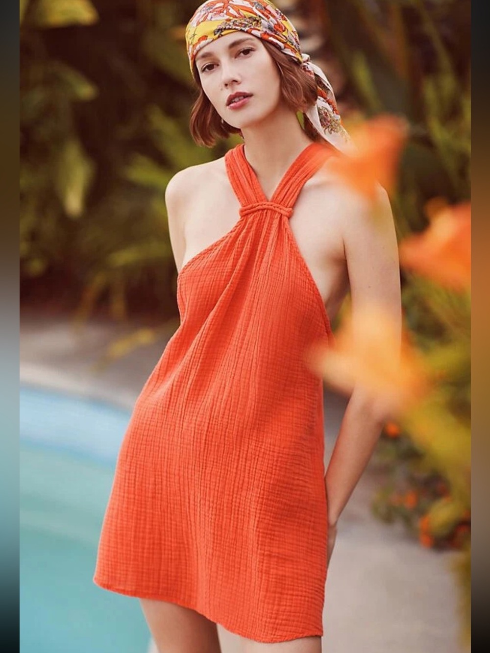 By Anthropologie Braided Halter Mini Dress Orange Coral Size XS Relaxed Fit